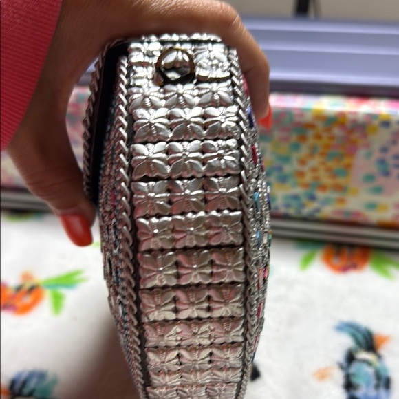 Ramla Silver Ornate Metal Clutch with Vintage Design